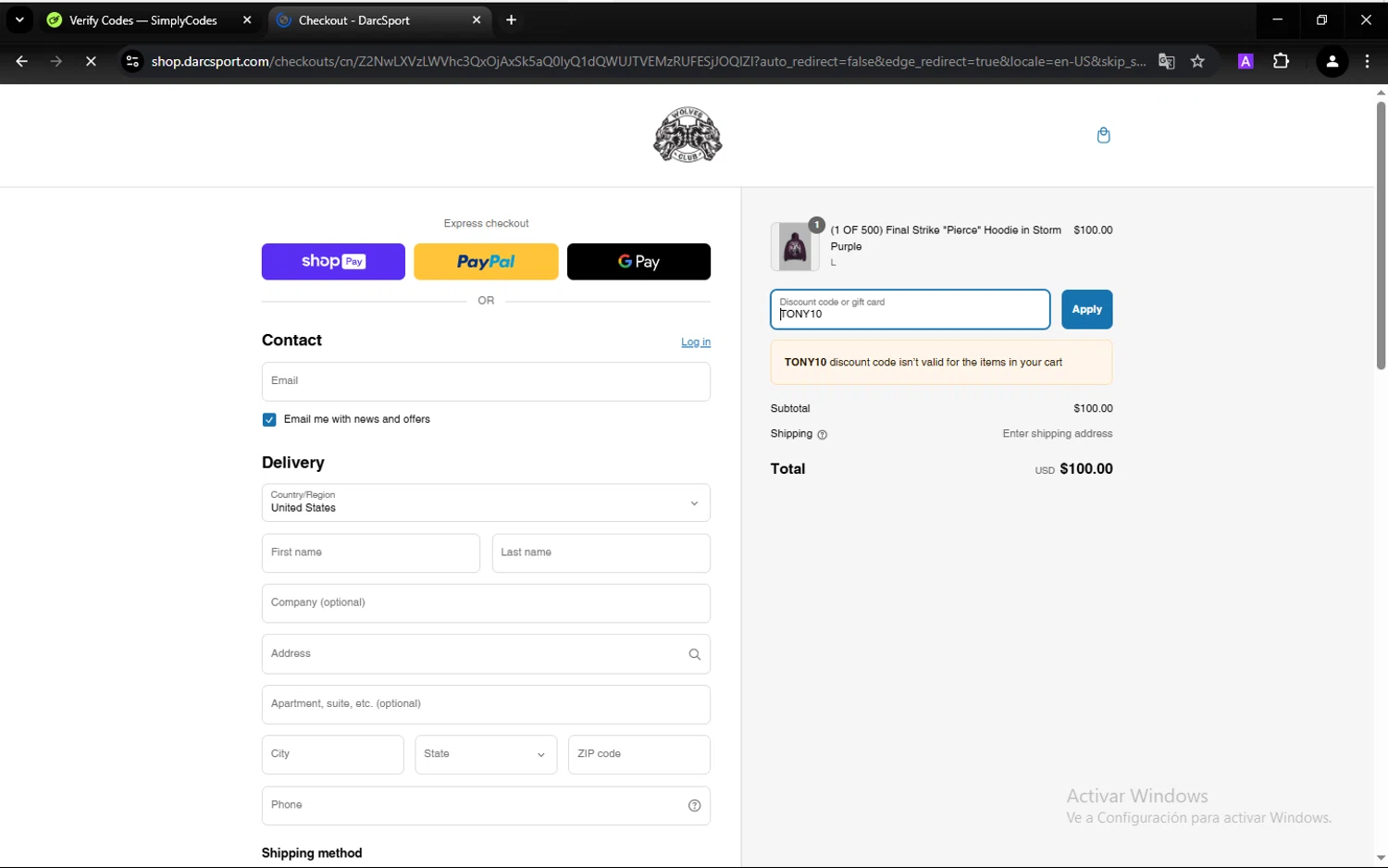 Darc Sport discount code screenshot showing code TONY10 applied at Darc Sport checkout page. Uploaded by SimplyCodes community member CarlesPlanas on Mar 10, 2025