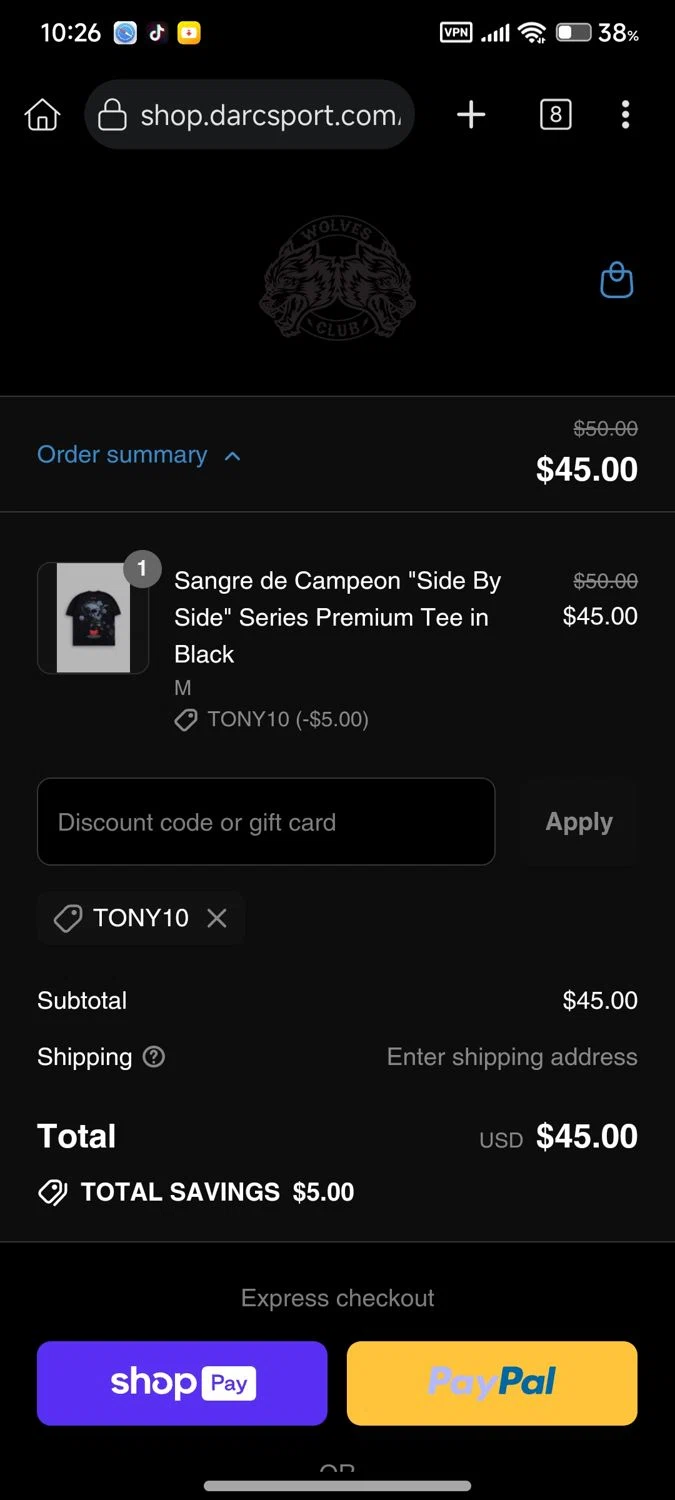 Darc Sport discount code screenshot showing code TONY10 applied at Darc Sport checkout page. Uploaded by SimplyCodes community member Enmanuel17 on Jul 26, 2025