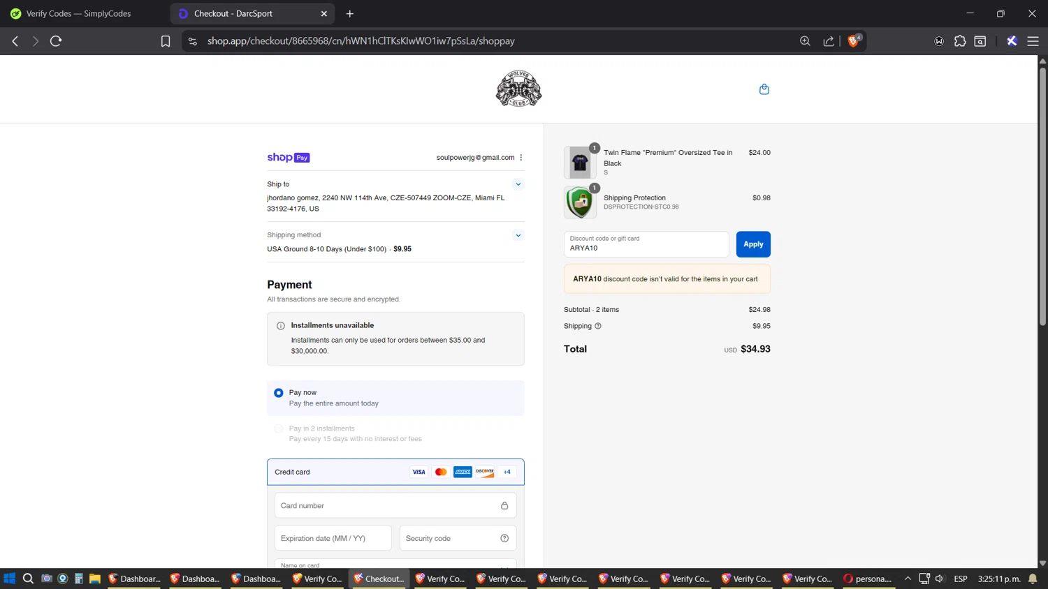 Darc Sport discount code screenshot showing code ARYA10 applied at Darc Sport checkout page. Uploaded by SimplyCodes community member SoulPower on Aug 15, 2025