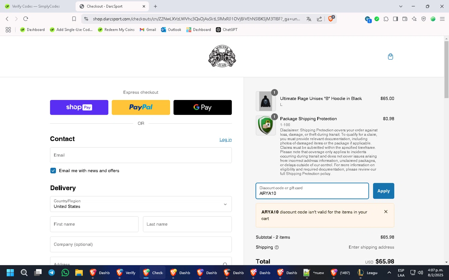 Darc Sport discount code screenshot showing code ARYA10 applied at Darc Sport checkout page. Uploaded by SimplyCodes community member PennyMonarch4540 on Feb 8, 2025