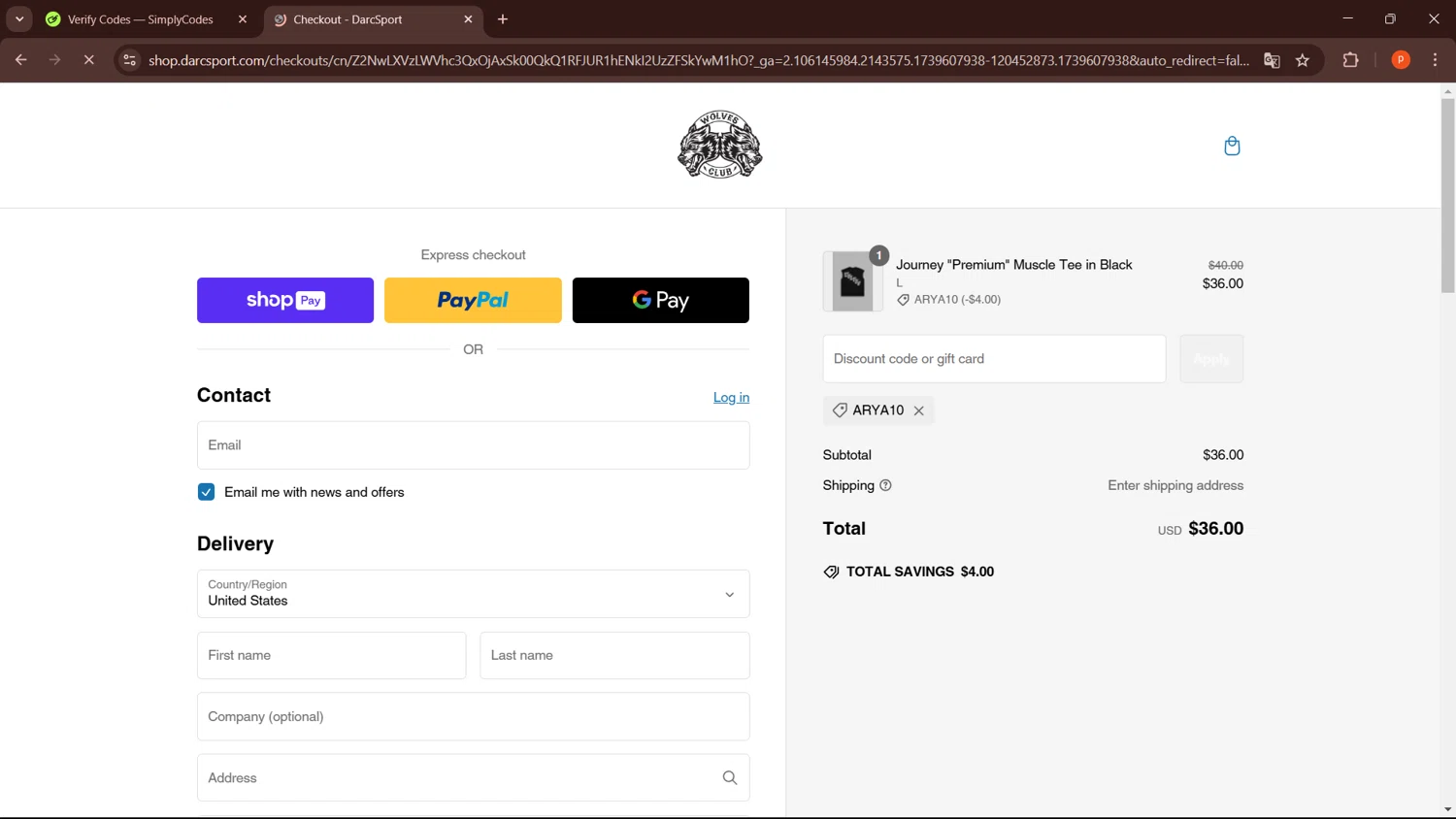 Darc Sport discount code screenshot showing code ARYA10 applied at Darc Sport checkout page. Uploaded by SimplyCodes community member LegendaryPro3698 on Feb 15, 2025