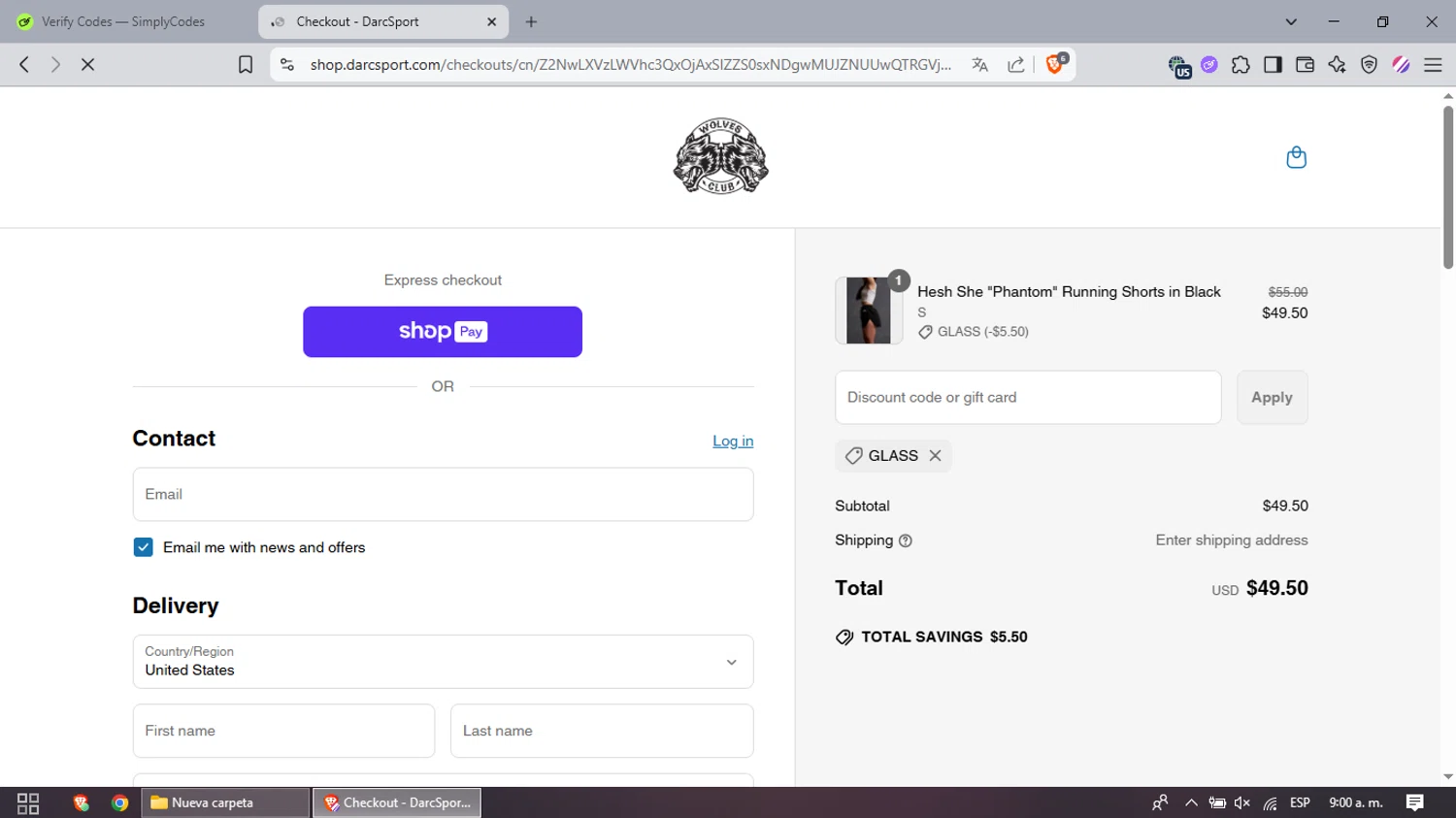 Darc Sport discount code screenshot showing code GLASS applied at Darc Sport checkout page. Uploaded by SimplyCodes community member CrownPhoenix3482 on May 23, 2025