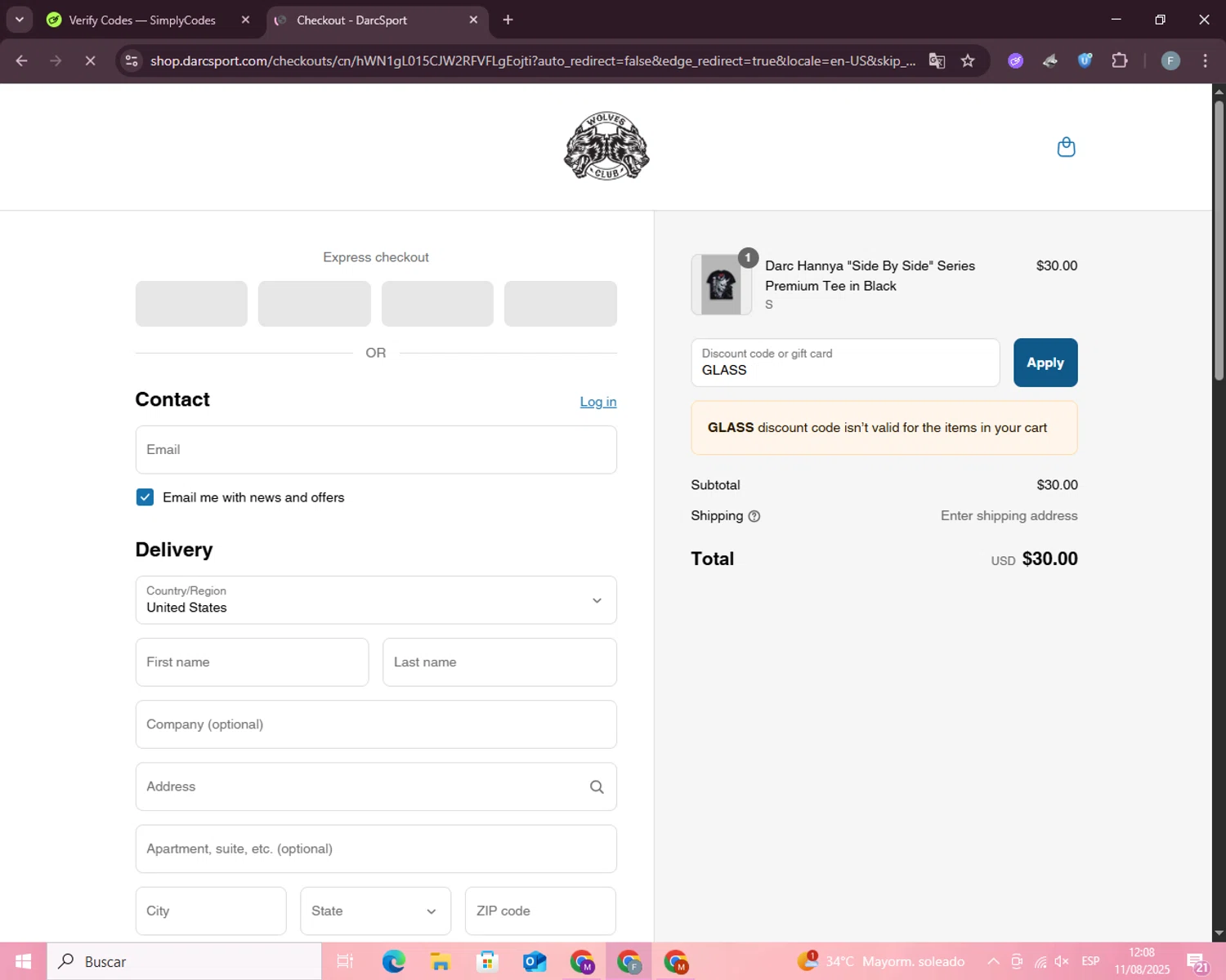 Darc Sport discount code screenshot showing code GLASS applied at Darc Sport checkout page. Uploaded by SimplyCodes community member WiseSeeker9794 on Aug 11, 2025