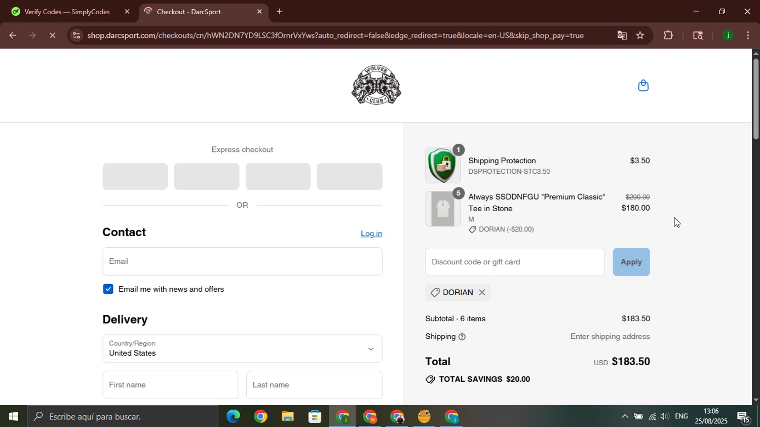 Darc Sport discount code screenshot showing code DORIAN applied at Darc Sport checkout page. Uploaded by SimplyCodes community member jorgeroz on Aug 25, 2025