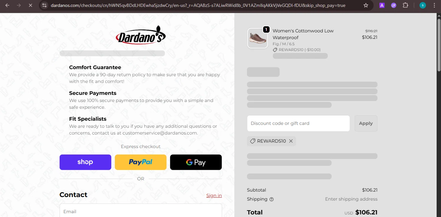 Dardano's Shoes promo code screenshot showing code REWARDS10 applied at Dardano's Shoes checkout page. Uploaded by SimplyCodes community member ValiantChaser7723 on Nov 29, 2025