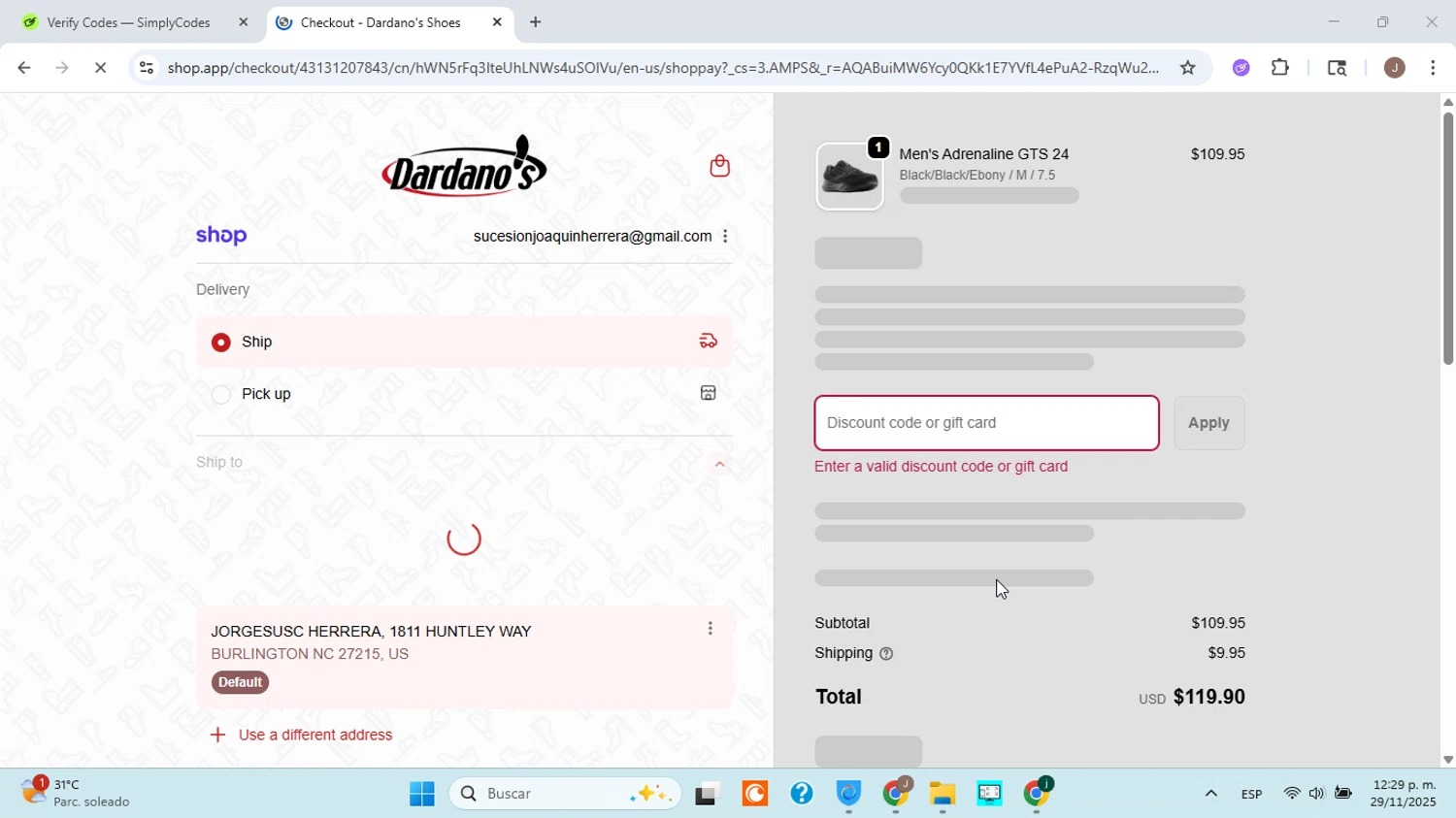 Dardano's Shoes promo code screenshot showing code DS10EMAIL applied at Dardano's Shoes checkout page. Uploaded by SimplyCodes community member ABHF23 on Nov 29, 2025