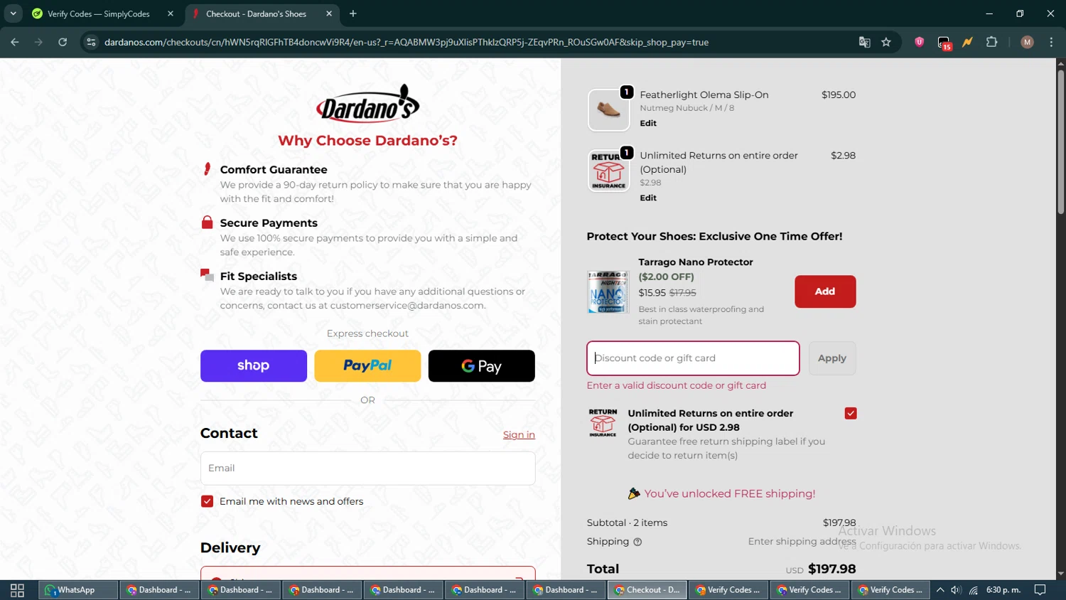 Dardano's Shoes promo code screenshot showing code DS10EMAIL applied at Dardano's Shoes checkout page. Uploaded by SimplyCodes community member DiscountTitan4635 on Nov 29, 2025