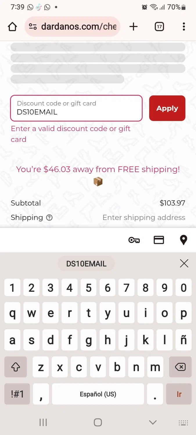 Dardano's Shoes promo code screenshot showing code DS10EMAIL applied at Dardano's Shoes checkout page. Uploaded by SimplyCodes community member PennySaver9600 on Nov 29, 2025
