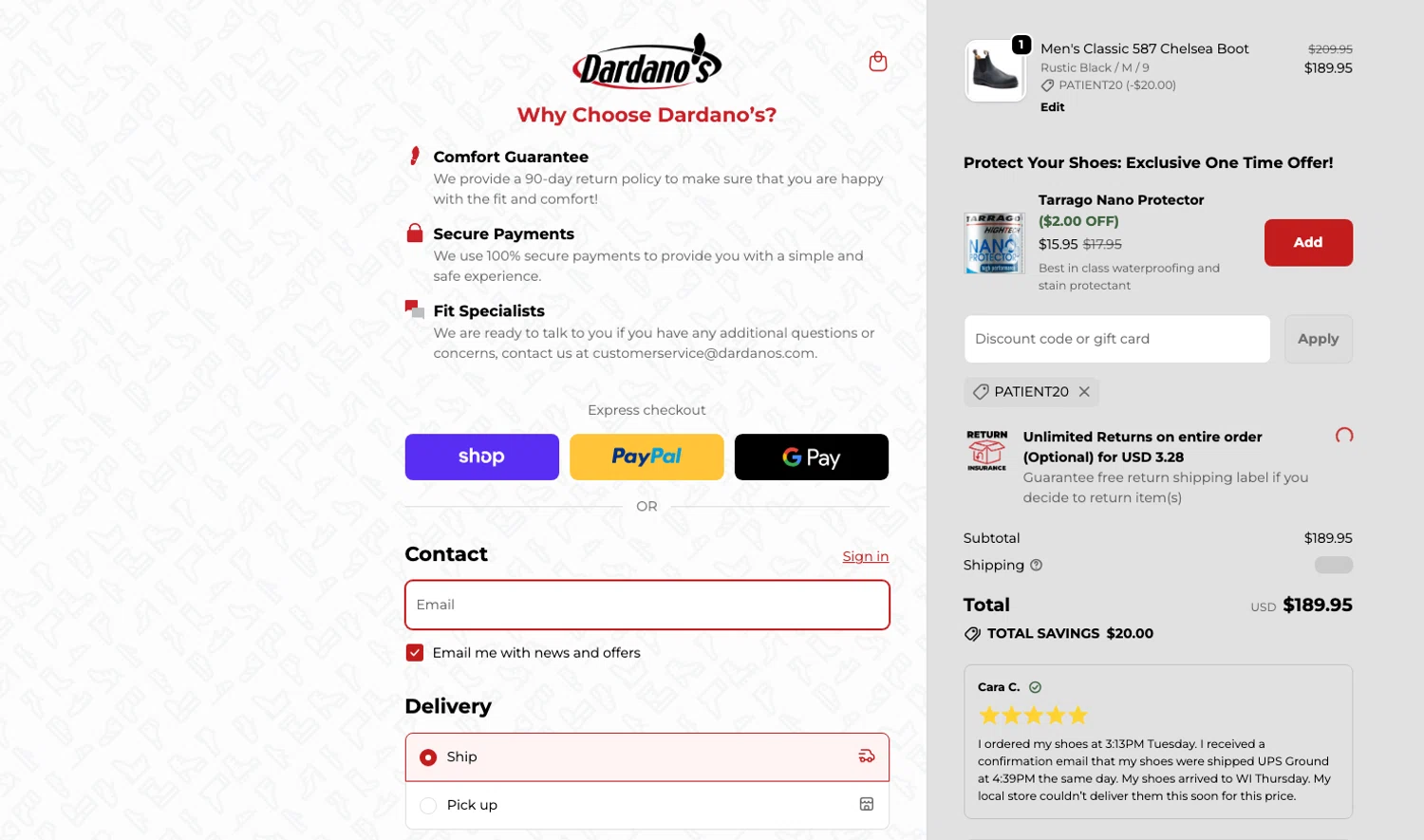 Dardano's Shoes promo code screenshot showing code PATIENT20 applied at Dardano's Shoes checkout page. Uploaded by SimplyCodes community member ELOIN777 on Jan 9, 2026