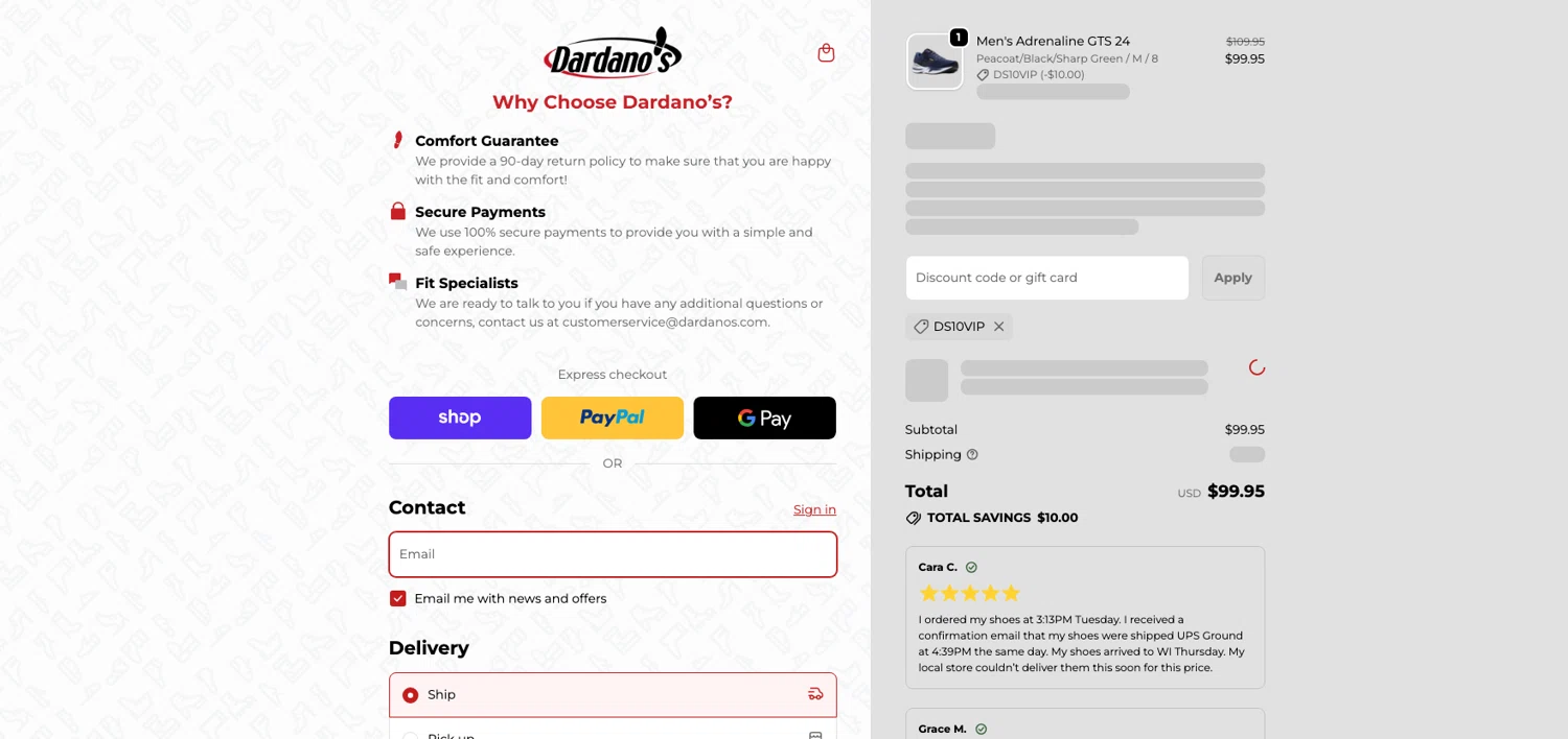 Dardano's Shoes promo code screenshot showing code DS10VIP applied at Dardano's Shoes checkout page. Uploaded by SimplyCodes community member ELOIN777 on Dec 30, 2025