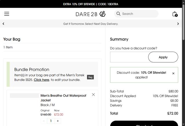 Dare2b checkout page showing Dare2b promo code box | Screenshot taken by SimplyCodes community member on Jul 27, 2025