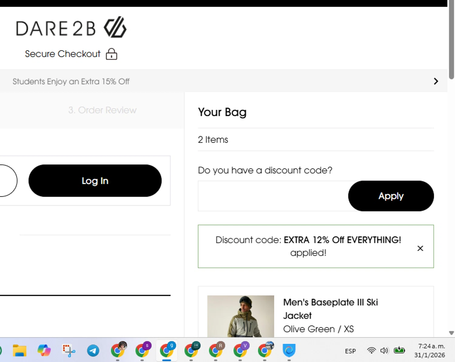 Dare2b promo code screenshot showing code AFDBVCUK12 applied at Dare2b checkout page. Uploaded by SimplyCodes community member FrugalVirtuoso6318 on Jan 31, 2026