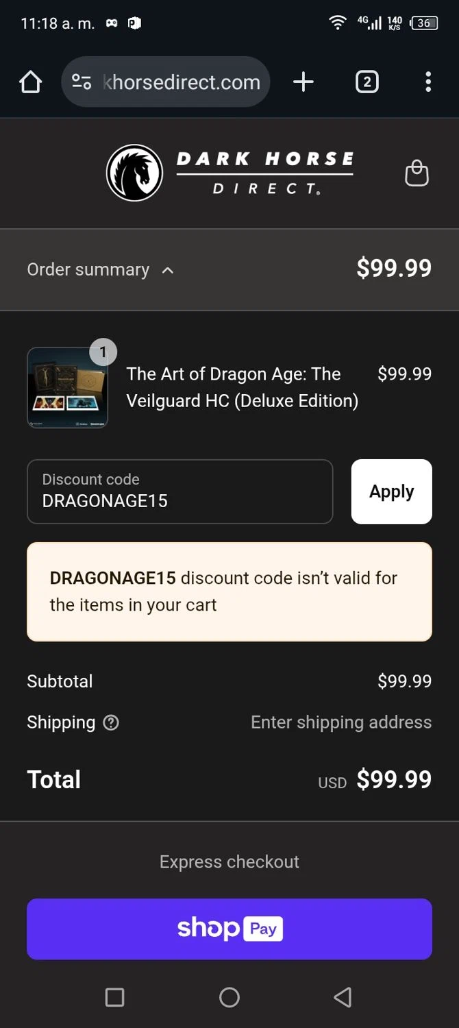 Dark Horse Comics discount code screenshot showing code DRAGONAGE15 applied at Dark Horse Comics checkout page. Uploaded by SimplyCodes community member CARLOSSLIM on Jul 18, 2025