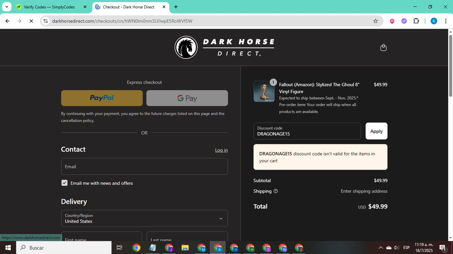 Dark Horse Comics discount code screenshot showing code DRAGONAGE15 applied at Dark Horse Comics checkout page. Uploaded by SimplyCodes community member CodeShopper8605 on Jul 18, 2025