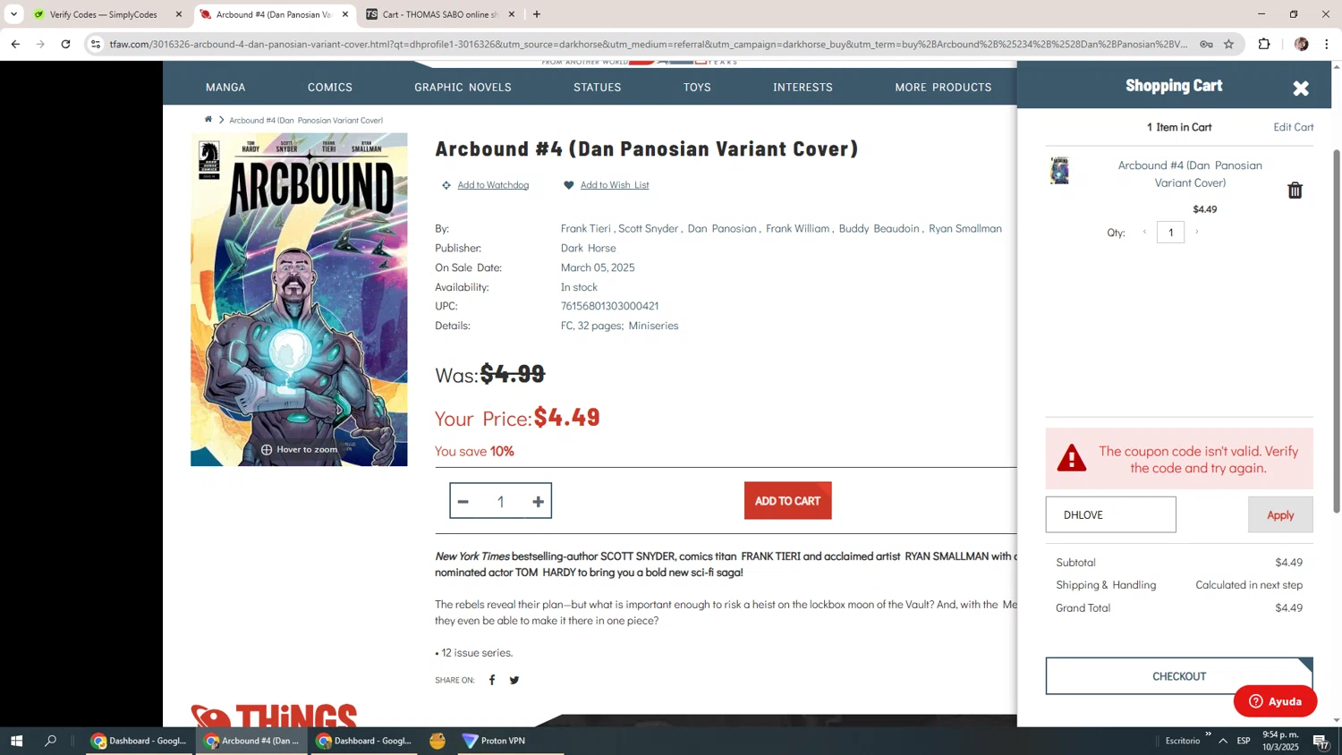 Dark Horse Comics discount code screenshot showing code DHLOVE applied at Dark Horse Comics checkout page. Uploaded by SimplyCodes community member Levi_Ackerman on Mar 11, 2025