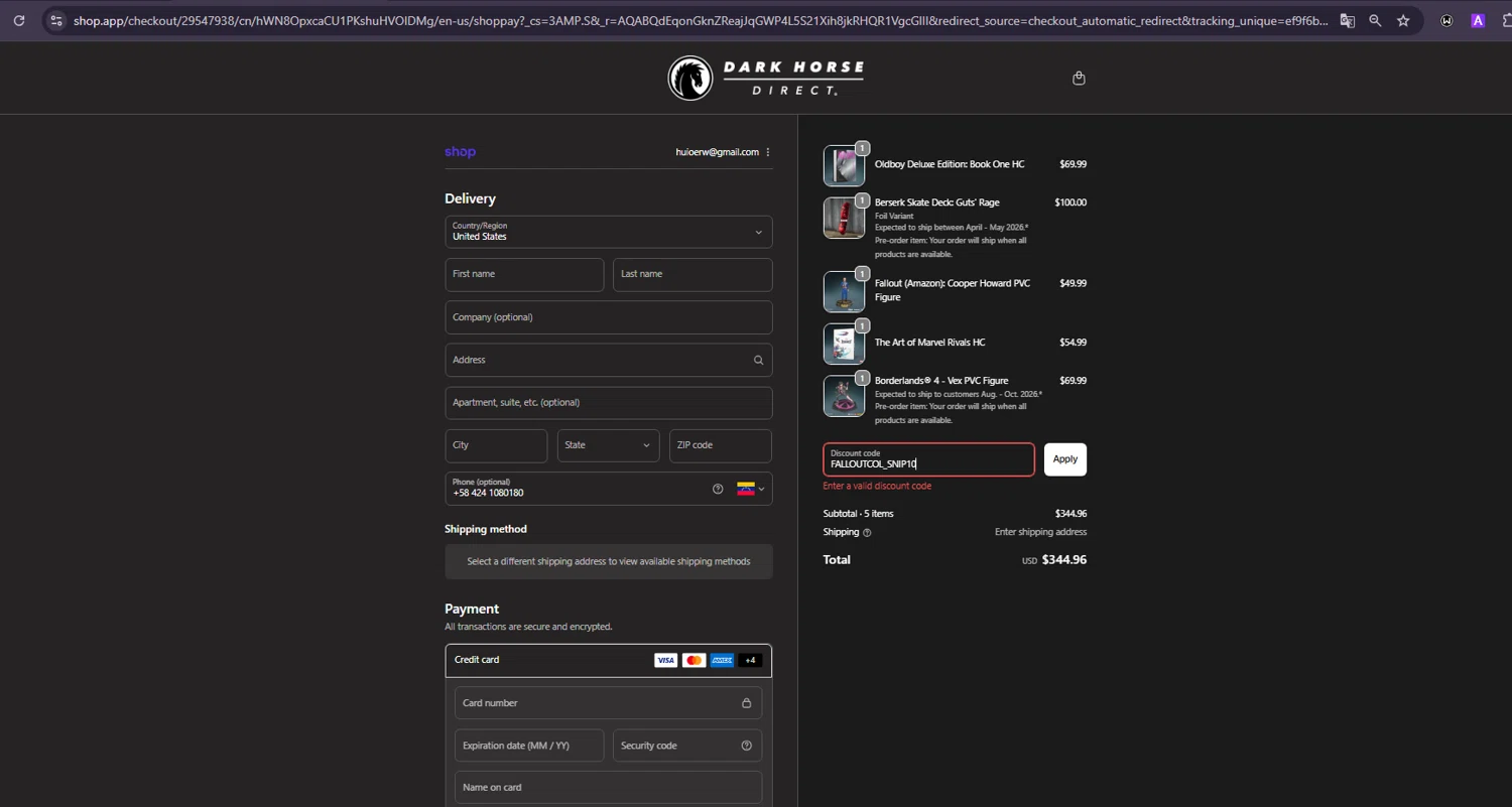 Dark Horse Comics discount code screenshot showing code FALLOUTCOL_SNIP10 applied at Dark Horse Comics checkout page. Uploaded by SimplyCodes community member ivanguere on Feb 4, 2026