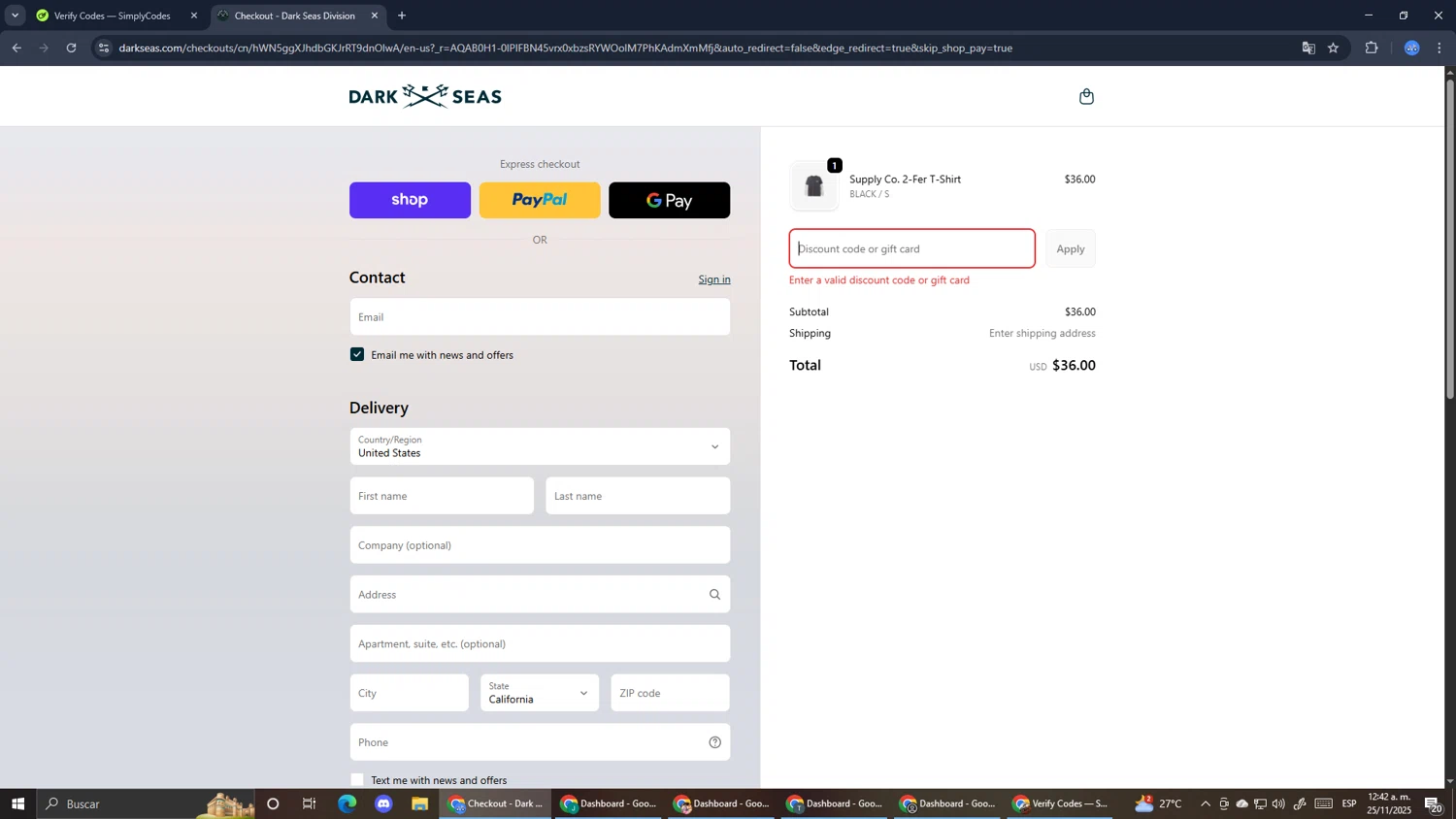 Dark Seas Division promo code screenshot showing code 54232N applied at Dark Seas Division checkout page. Uploaded by SimplyCodes community member RoyalExpert3857 on Nov 25, 2025