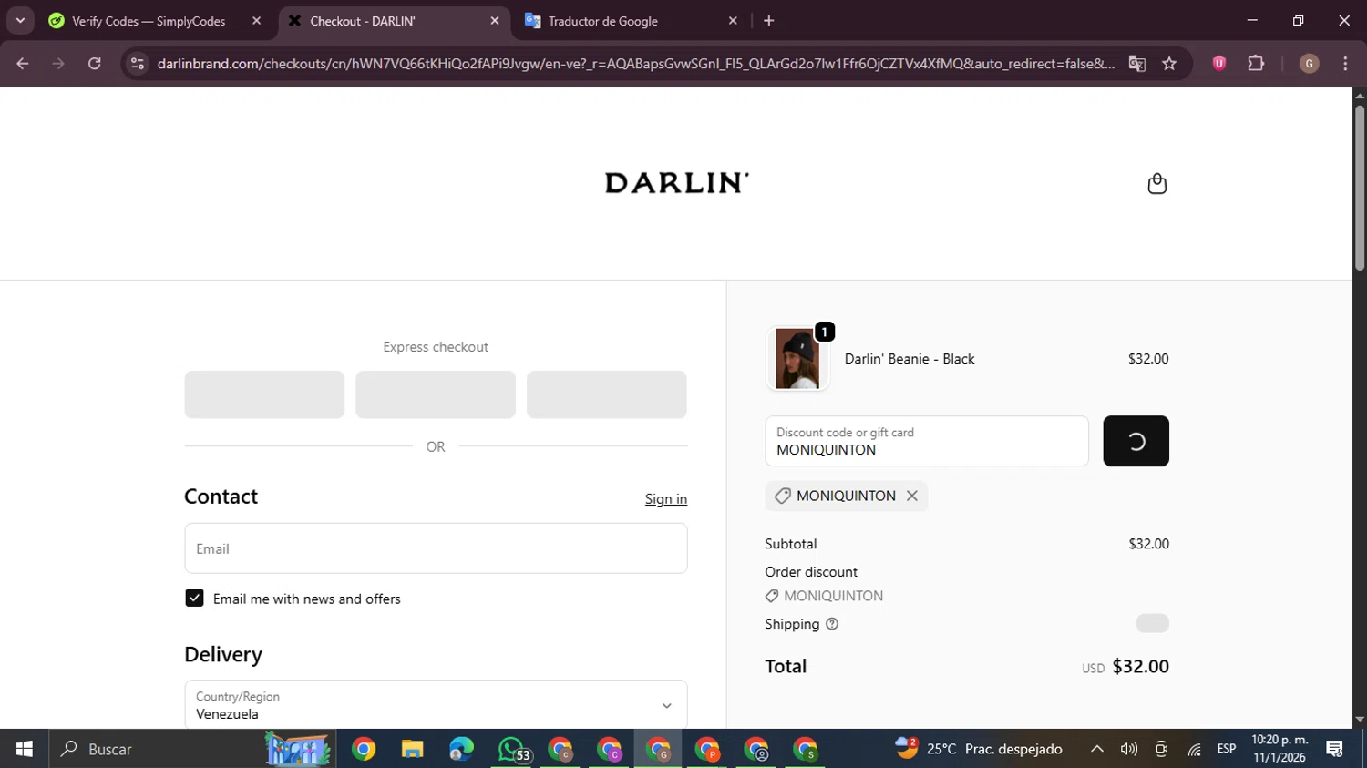 DARLIN' Swimwear checkout page showing DARLIN' Swimwear coupon code box | Screenshot taken by SimplyCodes community member on Jan 12, 2026