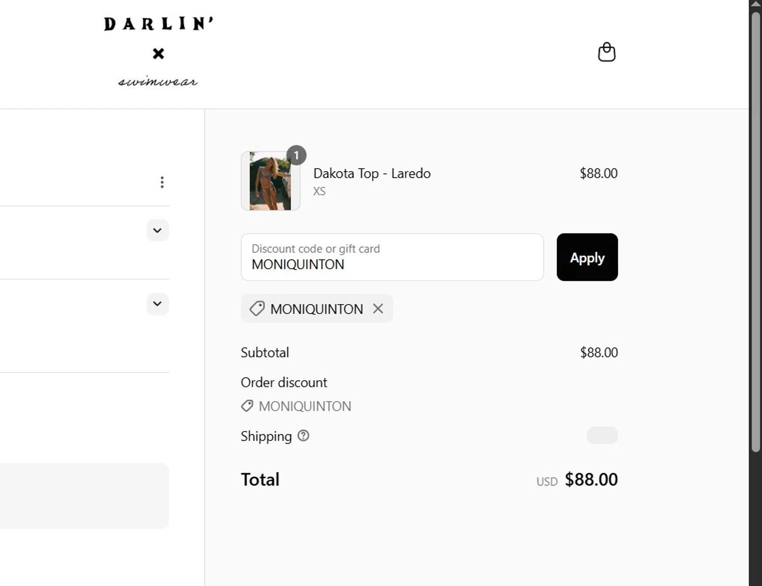 DARLIN' Swimwear coupon code screenshot showing code MONIQUINTON applied at DARLIN' Swimwear checkout page. Uploaded by SimplyCodes community member Milaya on Jul 15, 2025