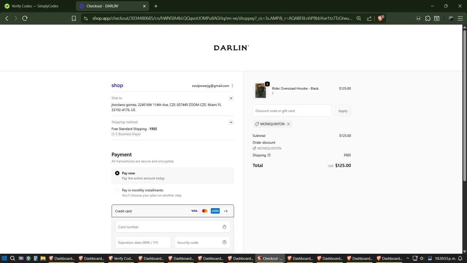 DARLIN' Swimwear coupon code screenshot showing code MONIQUINTON applied at DARLIN' Swimwear checkout page. Uploaded by SimplyCodes community member Phoenix on Nov 27, 2025