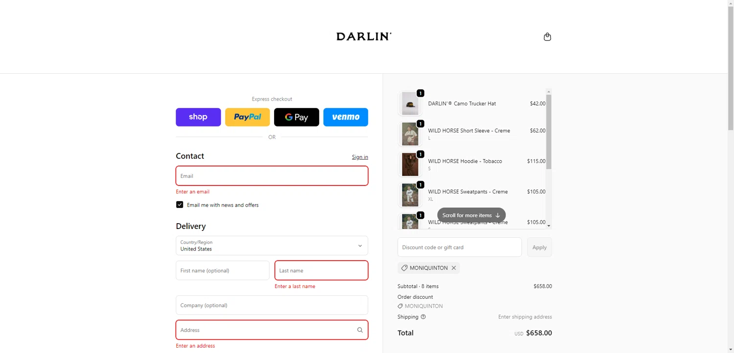 DARLIN' Swimwear coupon code screenshot showing code MONIQUINTON applied at DARLIN' Swimwear checkout page. Uploaded by SimplyCodes community member ValiantAce1810 on Dec 28, 2025