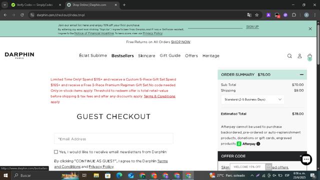Darphin checkout page showing Darphin promo code box | Screenshot taken by SimplyCodes community member on Jun 23, 2025