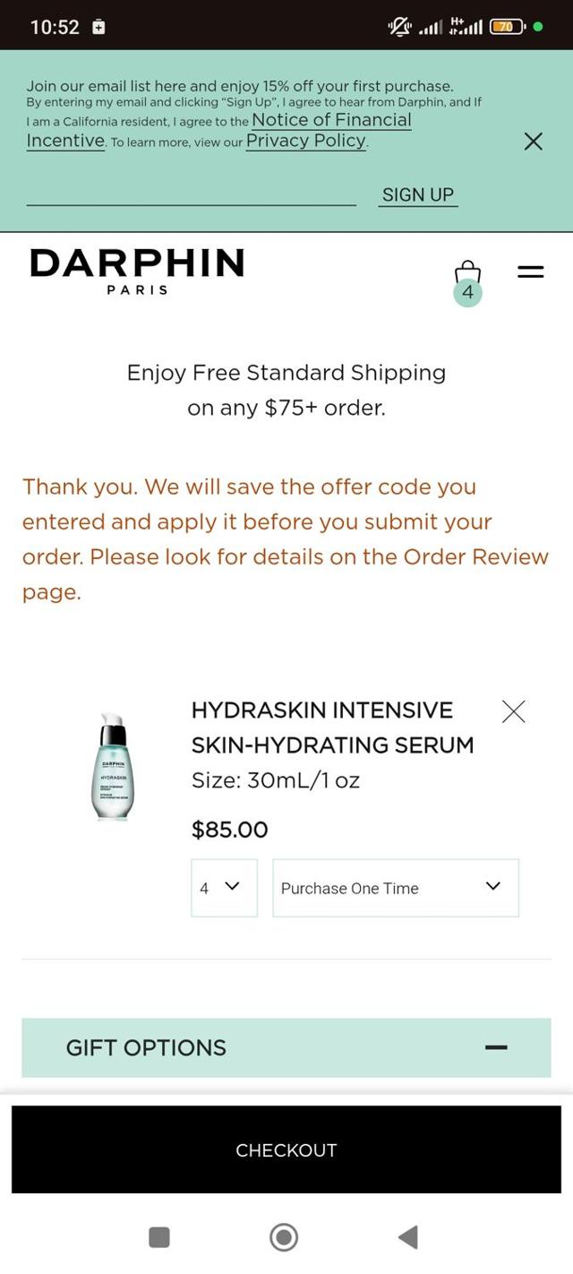 Darphin checkout page showing Darphin promo code box | Screenshot taken by SimplyCodes community member on Sep 9, 2025