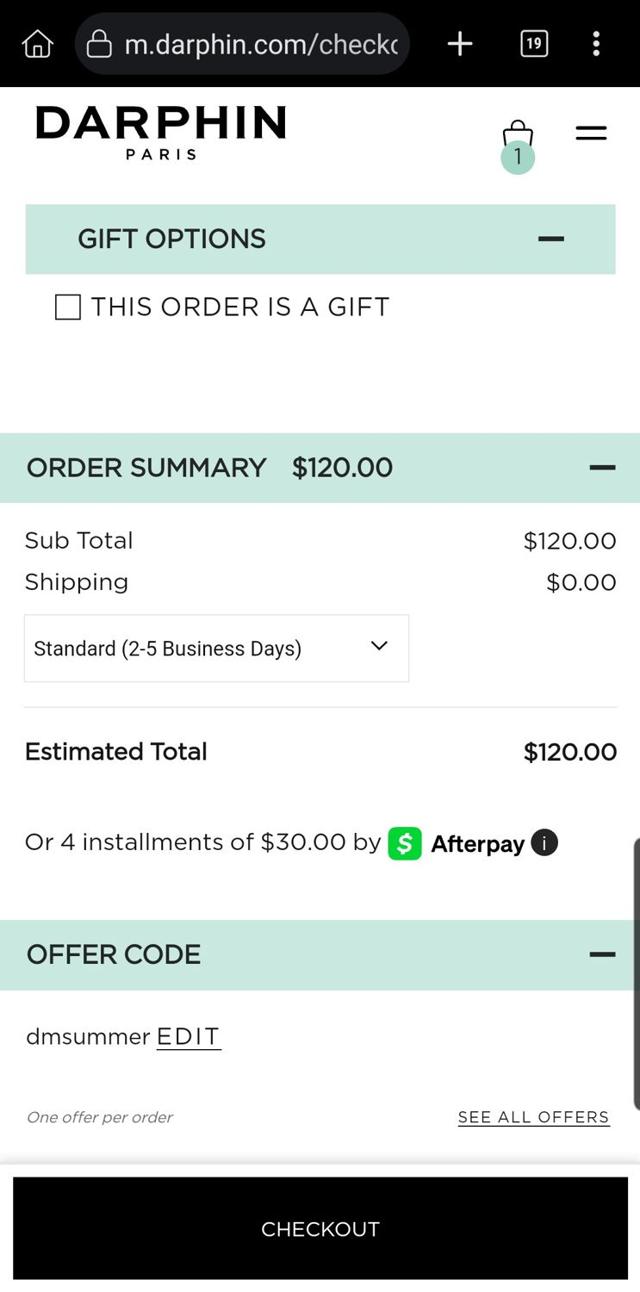Darphin checkout page showing Darphin promo code box | Screenshot taken by SimplyCodes community member on May 22, 2025