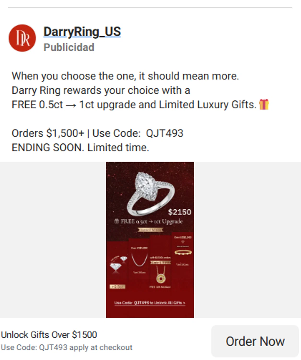 Darry Ring discount code screenshot showing code QJT493 applied at Darry Ring checkout page. Uploaded by SimplyCodes community member heartoflemon on Dec 26, 2025