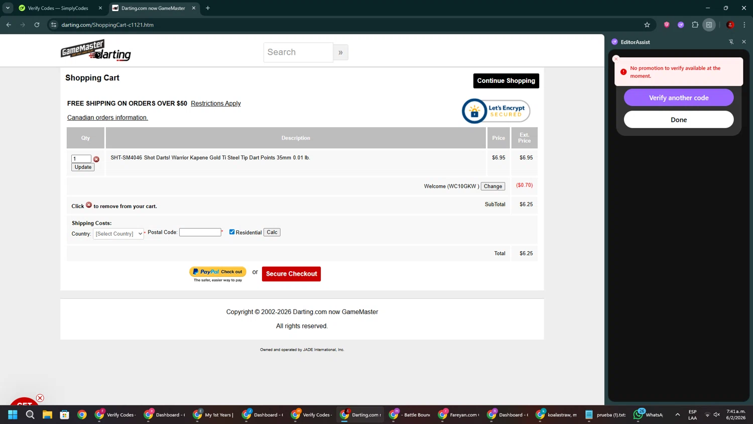 Darting.com checkout page showing Darting.com coupon code box | Screenshot taken by SimplyCodes community member on Feb 6, 2026
