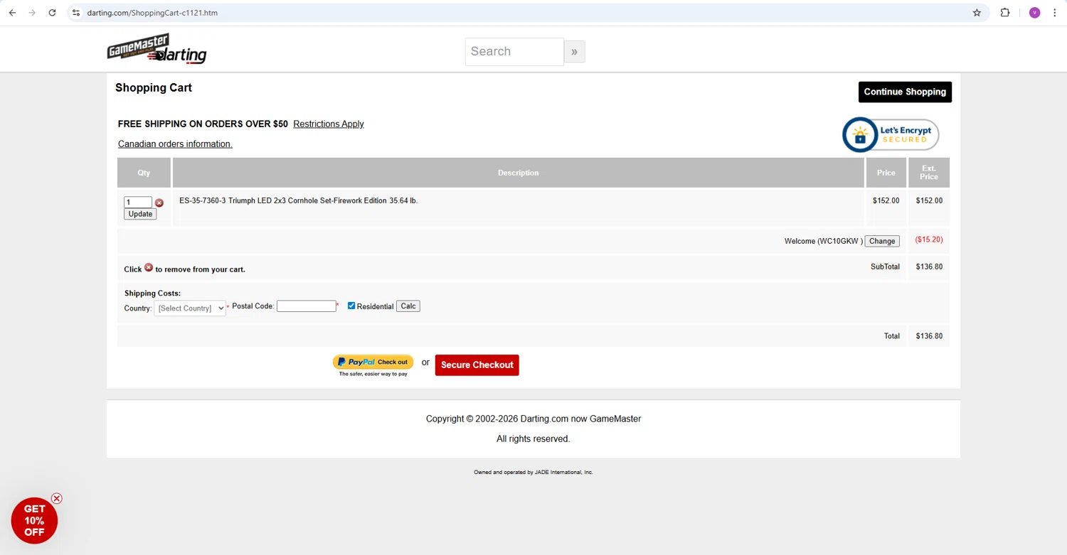 Darting.com checkout page showing Darting.com coupon code box | Screenshot taken by SimplyCodes community member on Feb 17, 2026