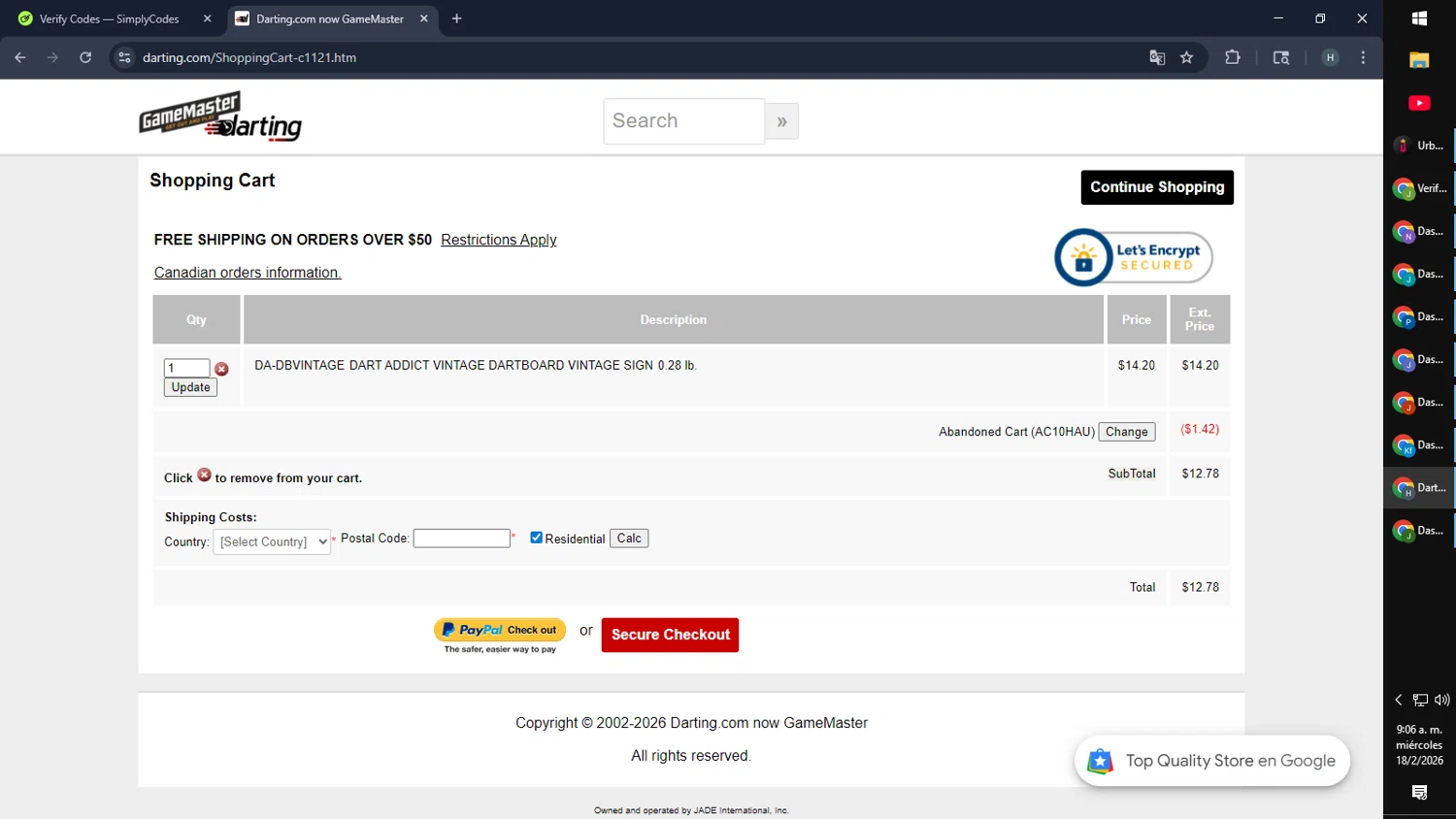 Darting.com coupon code screenshot showing code AC10HAU applied at Darting.com checkout page. Uploaded by SimplyCodes community member SmartMaverick5327 on Feb 18, 2026