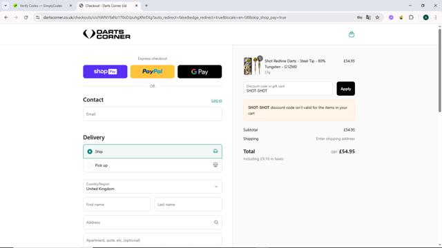 Darts Corner checkout page showing Darts Corner discount code box | Screenshot taken by SimplyCodes community member on Jul 28, 2025