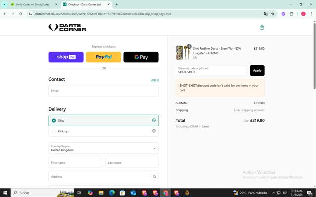 Darts Corner checkout page showing Darts Corner discount code box | Screenshot taken by SimplyCodes community member on Aug 11, 2025