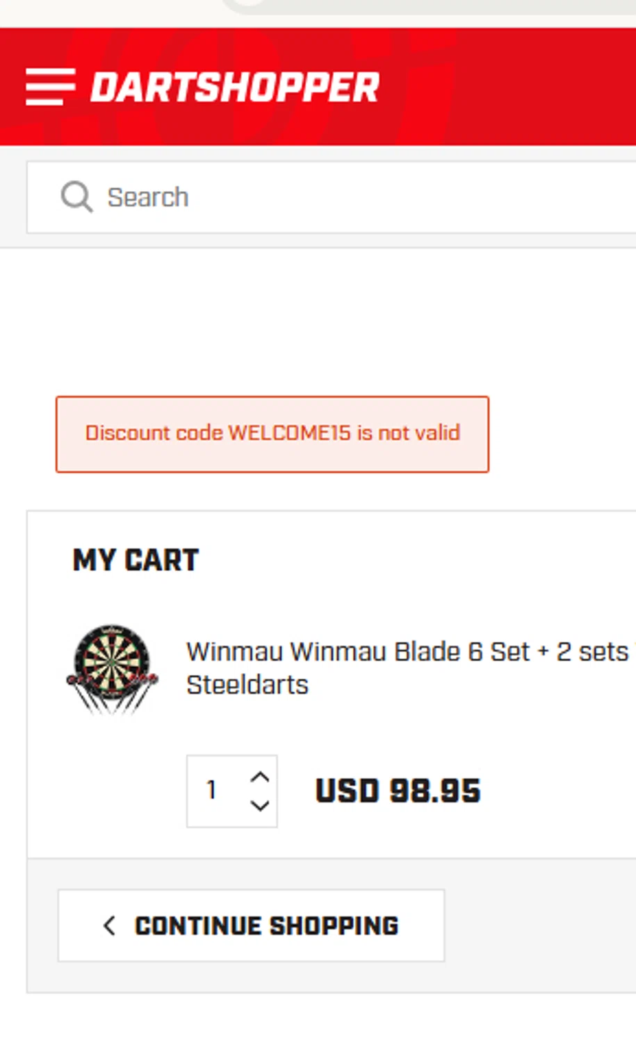 Dartshopper discount code screenshot showing code WELCOME15 applied at Dartshopper checkout page. Uploaded by SimplyCodes community member MrWolf on Mar 10, 2025