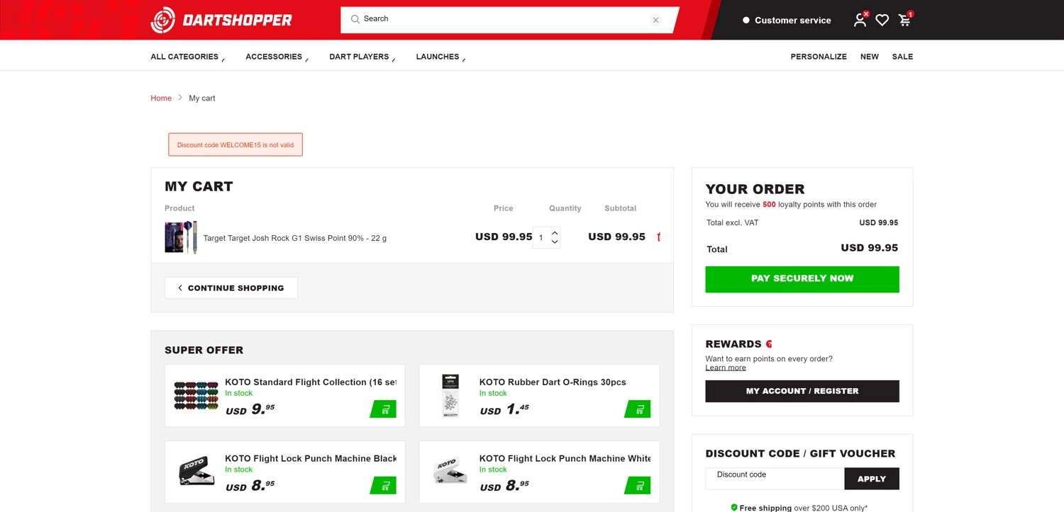 Dartshopper discount code screenshot showing code WELCOME15 applied at Dartshopper checkout page. Uploaded by SimplyCodes community member PrimeSentinel4675 on Mar 23, 2025