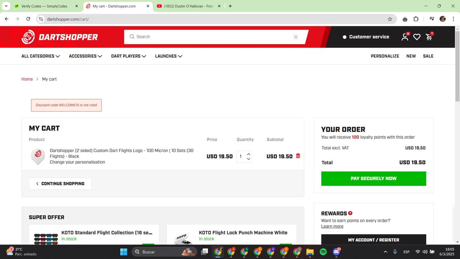 Dartshopper discount code screenshot showing code WELCOME15 applied at Dartshopper checkout page. Uploaded by SimplyCodes community member alfredish on Mar 6, 2025