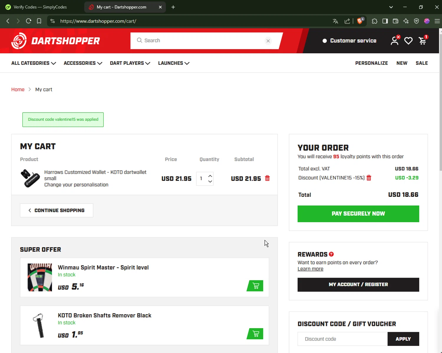 Dartshopper checkout page showing Dartshopper discount code box | Screenshot taken by SimplyCodes community member on Feb 10, 2025