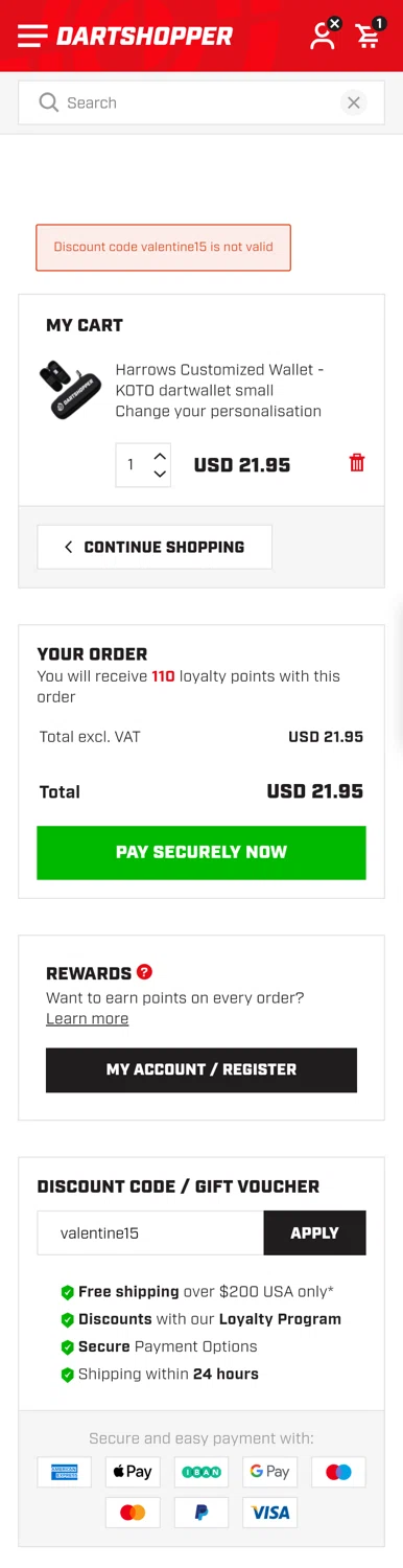 Dartshopper discount code screenshot showing code valentine15 applied at Dartshopper checkout page. Uploaded by SimplyCodes community member Vanecobyuv on Mar 9, 2025