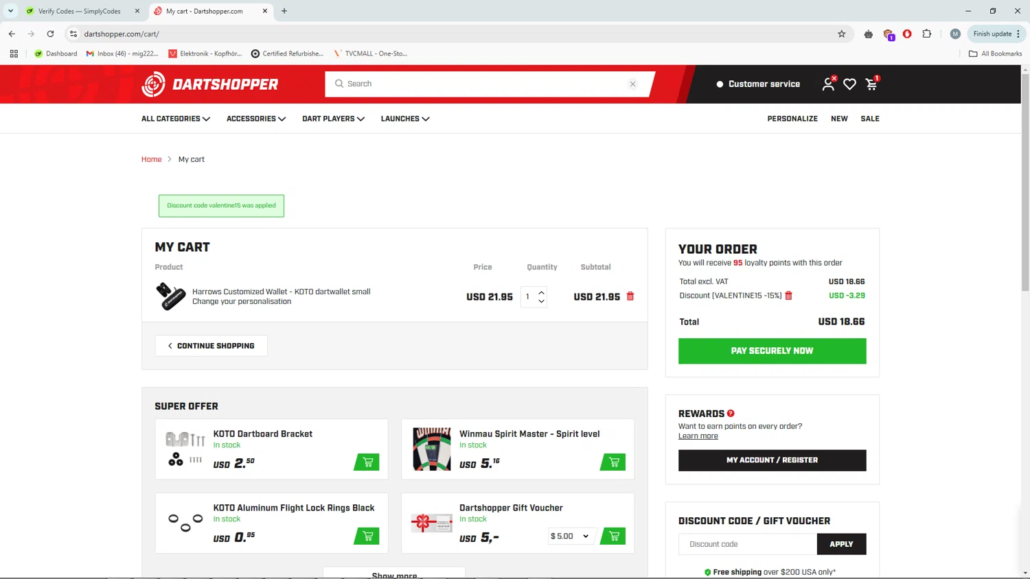Dartshopper checkout page showing Dartshopper discount code box | Screenshot taken by SimplyCodes community member on Feb 15, 2025