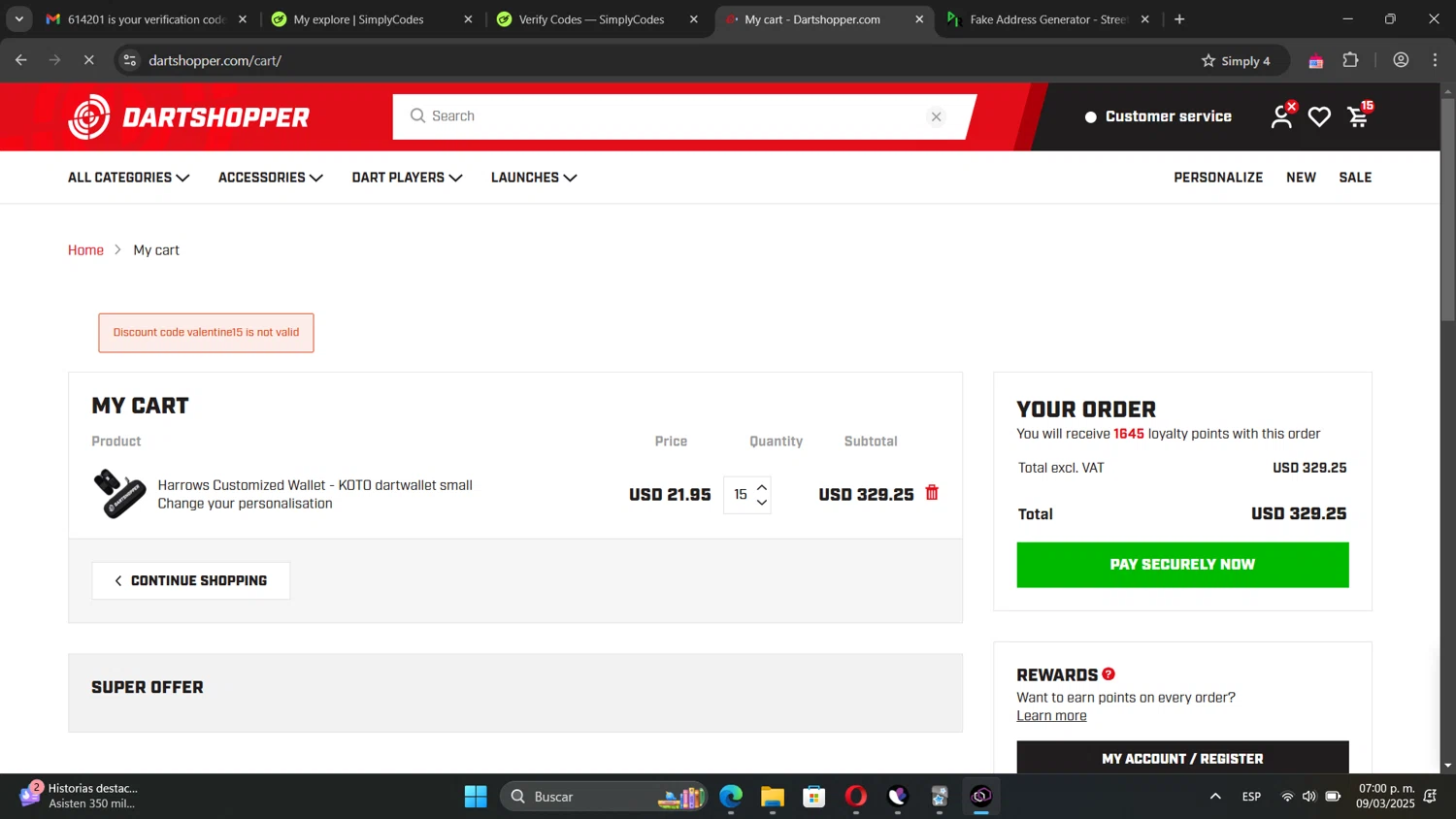 Dartshopper discount code screenshot showing code valentine15 applied at Dartshopper checkout page. Uploaded by SimplyCodes community member Austin_Texas on Mar 9, 2025