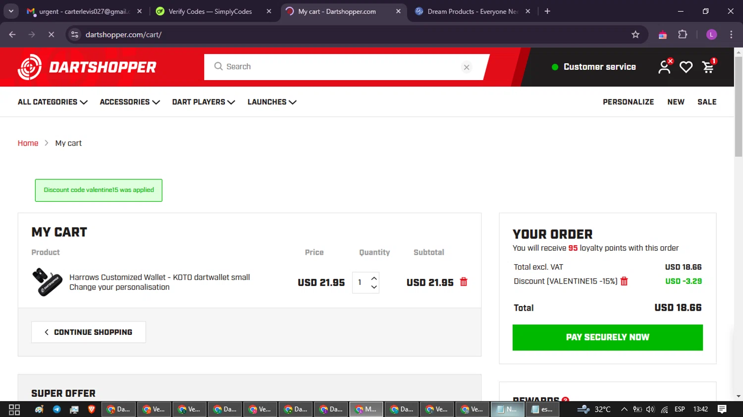 Dartshopper checkout page showing Dartshopper discount code box | Screenshot taken by SimplyCodes community member on Feb 7, 2025