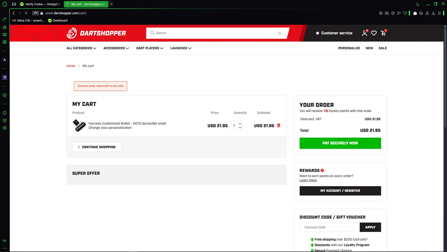 Dartshopper discount code screenshot showing code valentine15 applied at Dartshopper checkout page. Uploaded by SimplyCodes community member LegendaryCaptain2435 on Mar 9, 2025