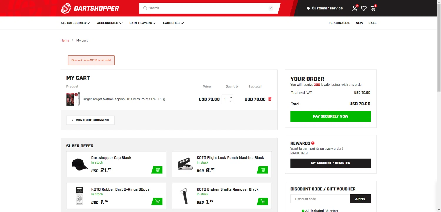 Dartshopper discount code screenshot showing code ASP10 applied at Dartshopper checkout page. Uploaded by SimplyCodes community member DiscountWarden480 on Jun 2, 2025