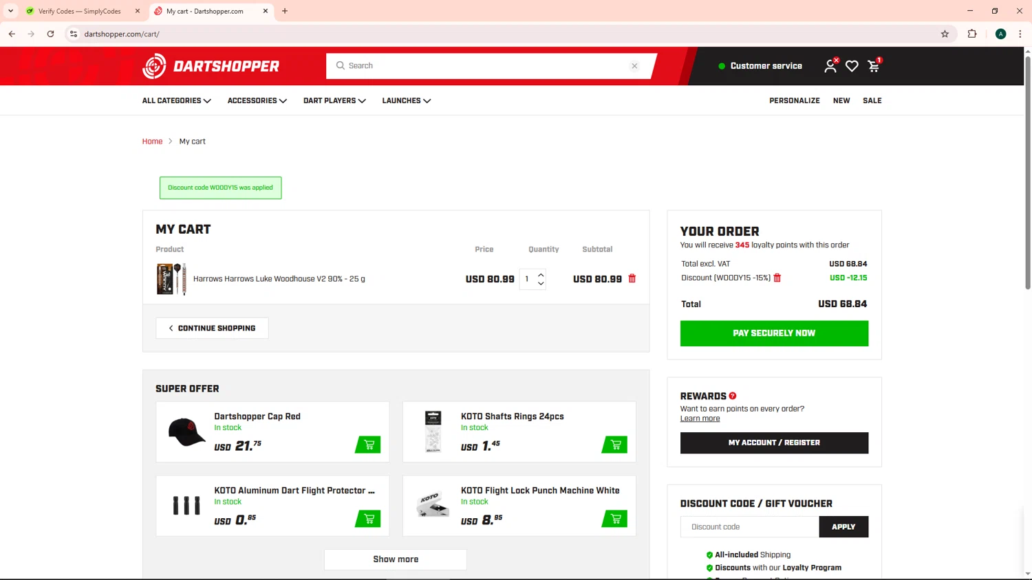 Dartshopper checkout page showing Dartshopper discount code box | Screenshot taken by SimplyCodes community member on Aug 12, 2025
