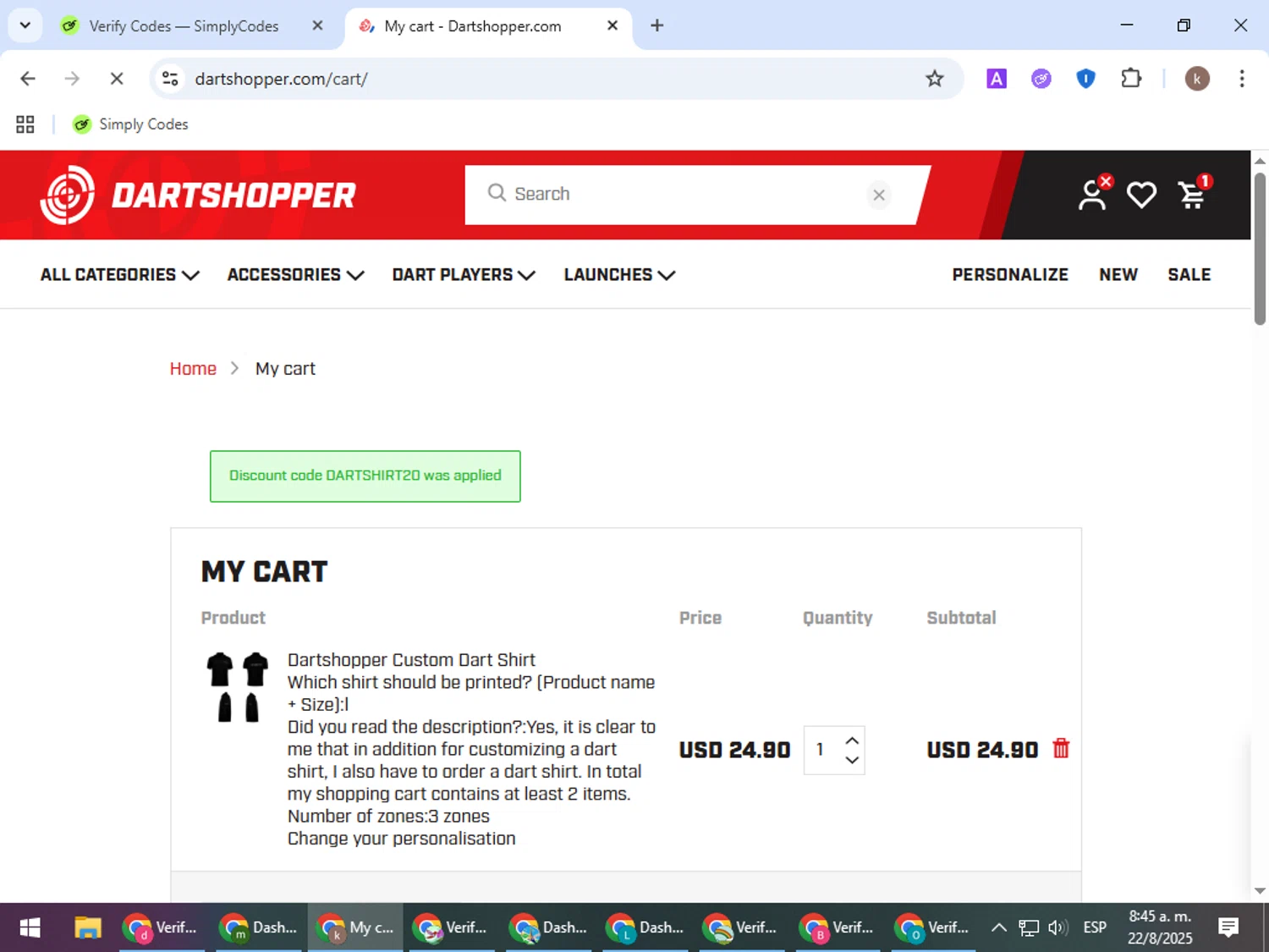 Dartshopper discount code screenshot showing code DARTSHIRT20 applied at Dartshopper checkout page. Uploaded by SimplyCodes community member RewardRanger298 on Aug 22, 2025