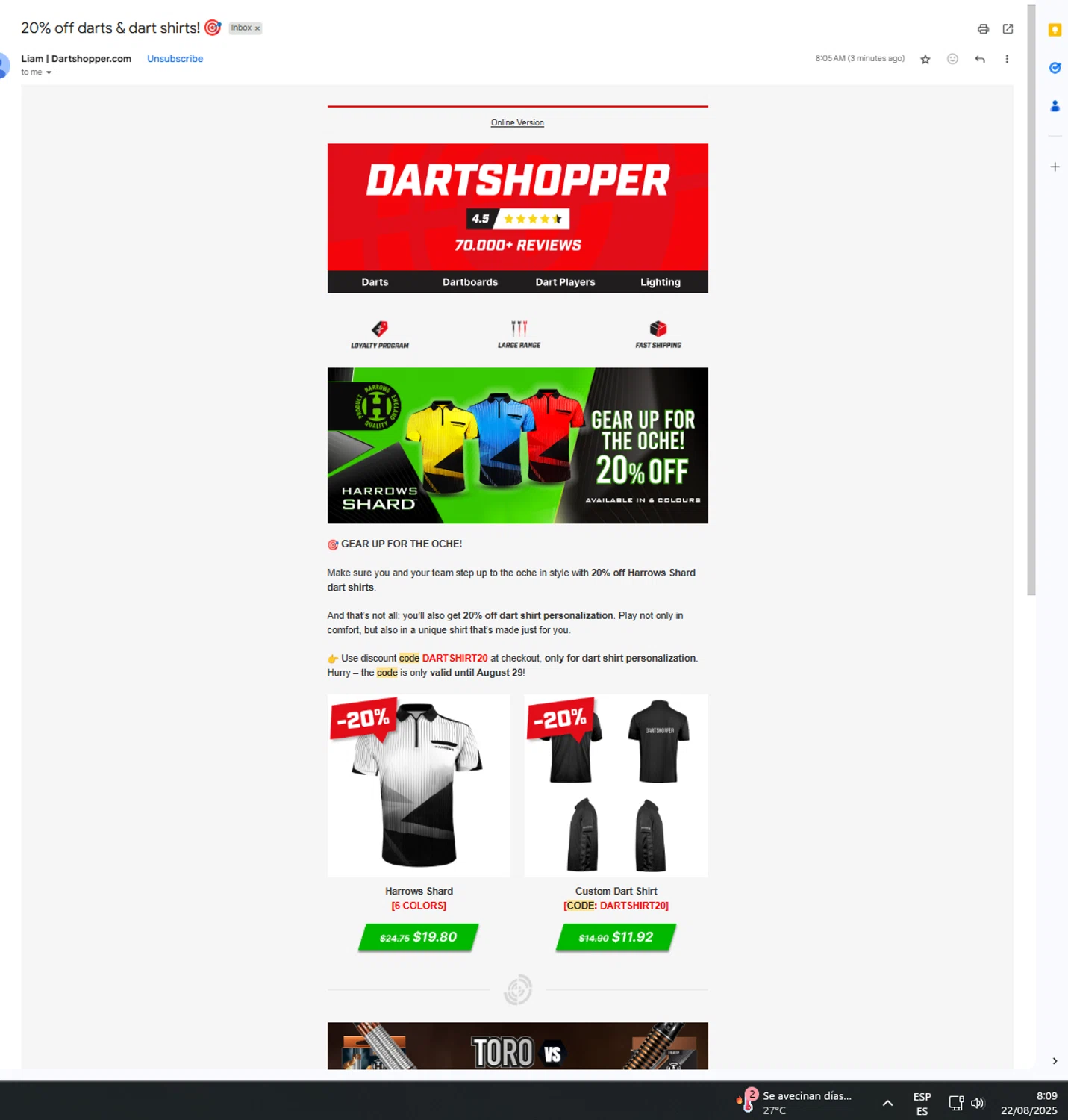 Dartshopper discount code screenshot showing code DARTSHIRT20 applied at Dartshopper checkout page. Uploaded by SimplyCodes community member UnkNownVnzla on Aug 22, 2025