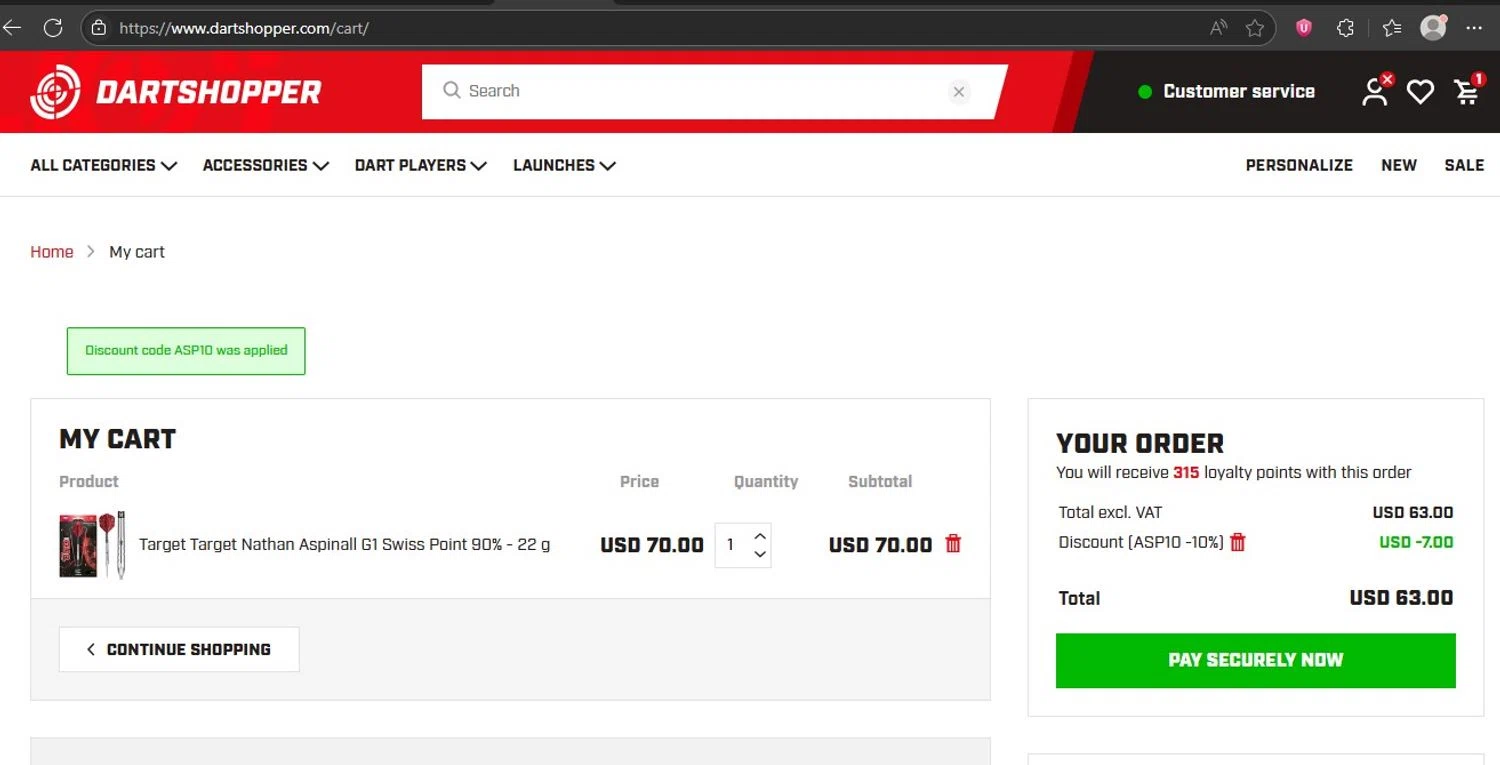 Dartshopper discount code screenshot showing code ASP10 applied at Dartshopper checkout page. Uploaded by SimplyCodes community member HonestVzla on May 27, 2025
