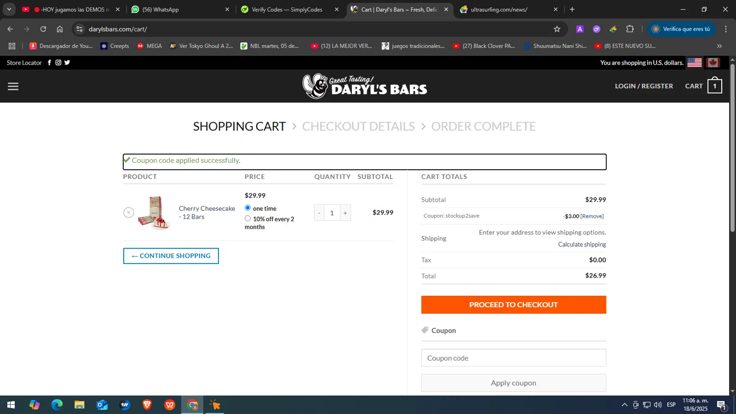 Daryl's Bars coupon code screenshot showing code STOCKUP2SAVE applied at Daryl's Bars checkout page. Uploaded by SimplyCodes community member JuanChi on Jun 18, 2025