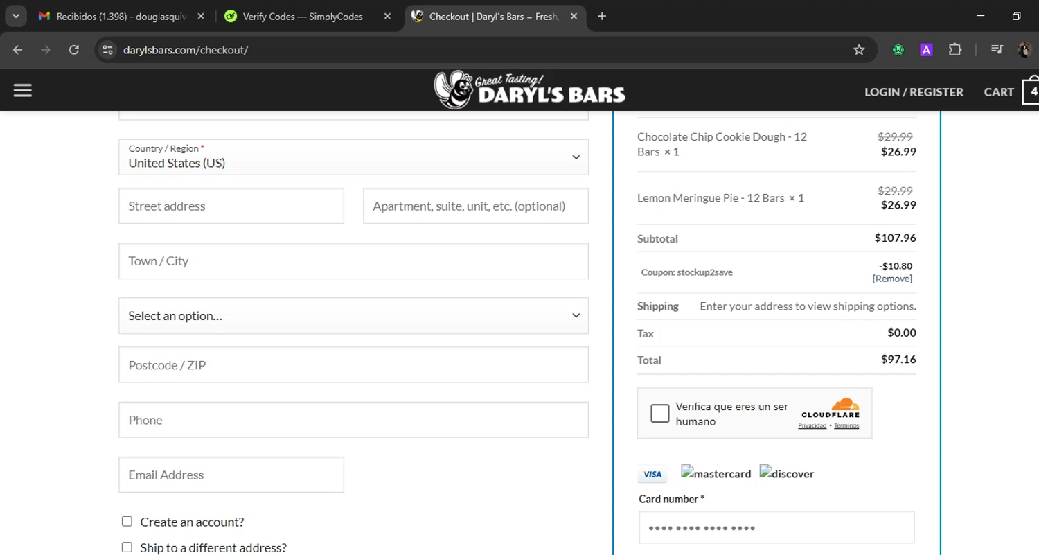 Daryl's Bars coupon code screenshot showing code STOCKUP2SAVE applied at Daryl's Bars checkout page. Uploaded by SimplyCodes community member WiseLegend5590 on May 14, 2025